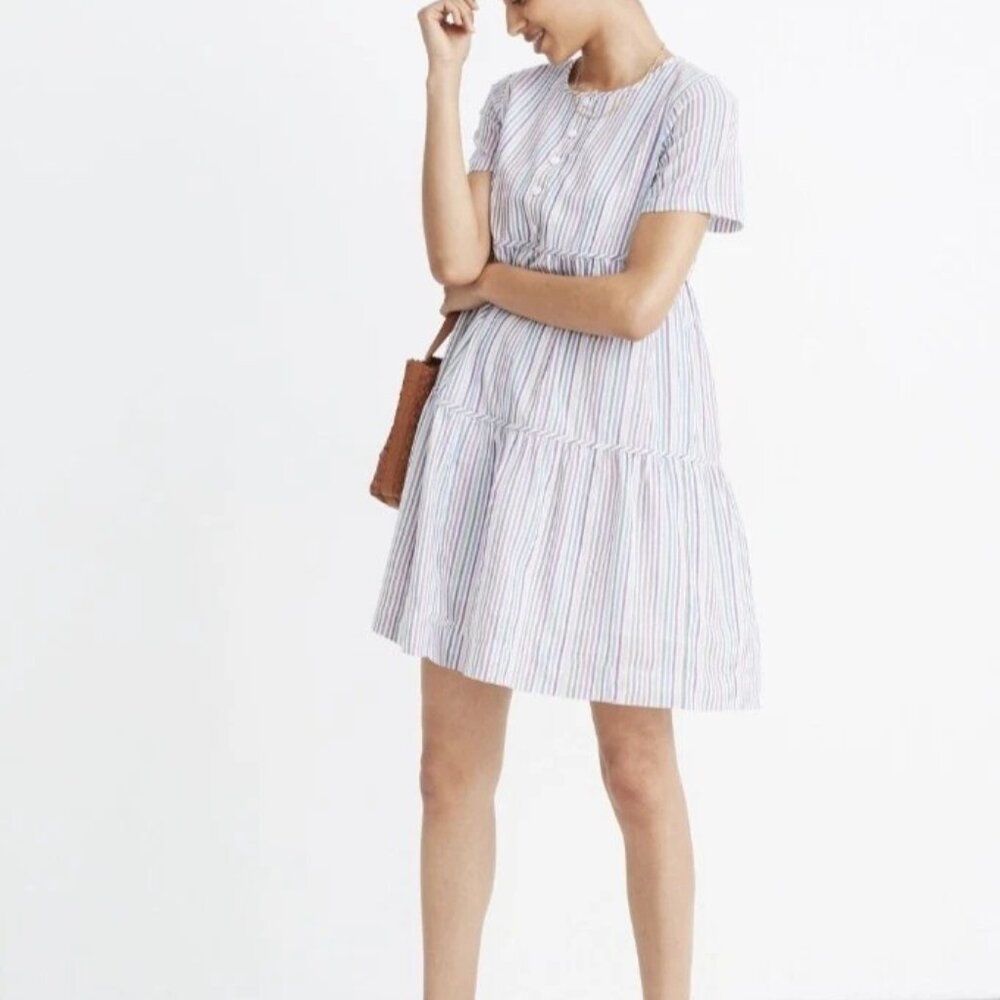 Madewell Womens Size XXS Striped Crewneck Button Front Tiered Mini Dress